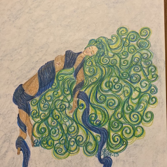 Unframed Original Art Drawing Whimsical Wrapped Woman Levitating Pencil Crayon - Picture 2 of 2